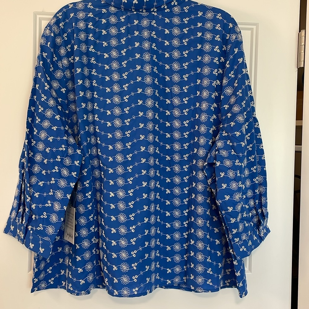 Jaclyn Smith Embroidered & Eyelet Button Up Blouse Blue White‎ 2X - Picture 3 of 10